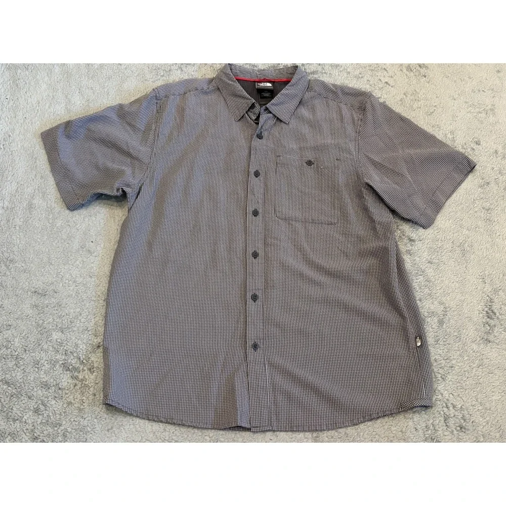 North Face Button Up Shirt Mens L Gray Plaid Modal Polyester Blend Short Sleeve